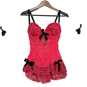 Victoria Secret Lingerie 34D Corset Bow Ruffles Underwire Bustier Sexy Hot Pink